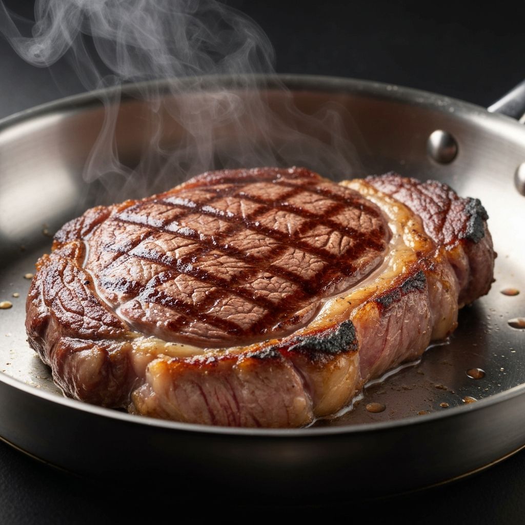Perfectly seared ribeye steak in stainless steel pan